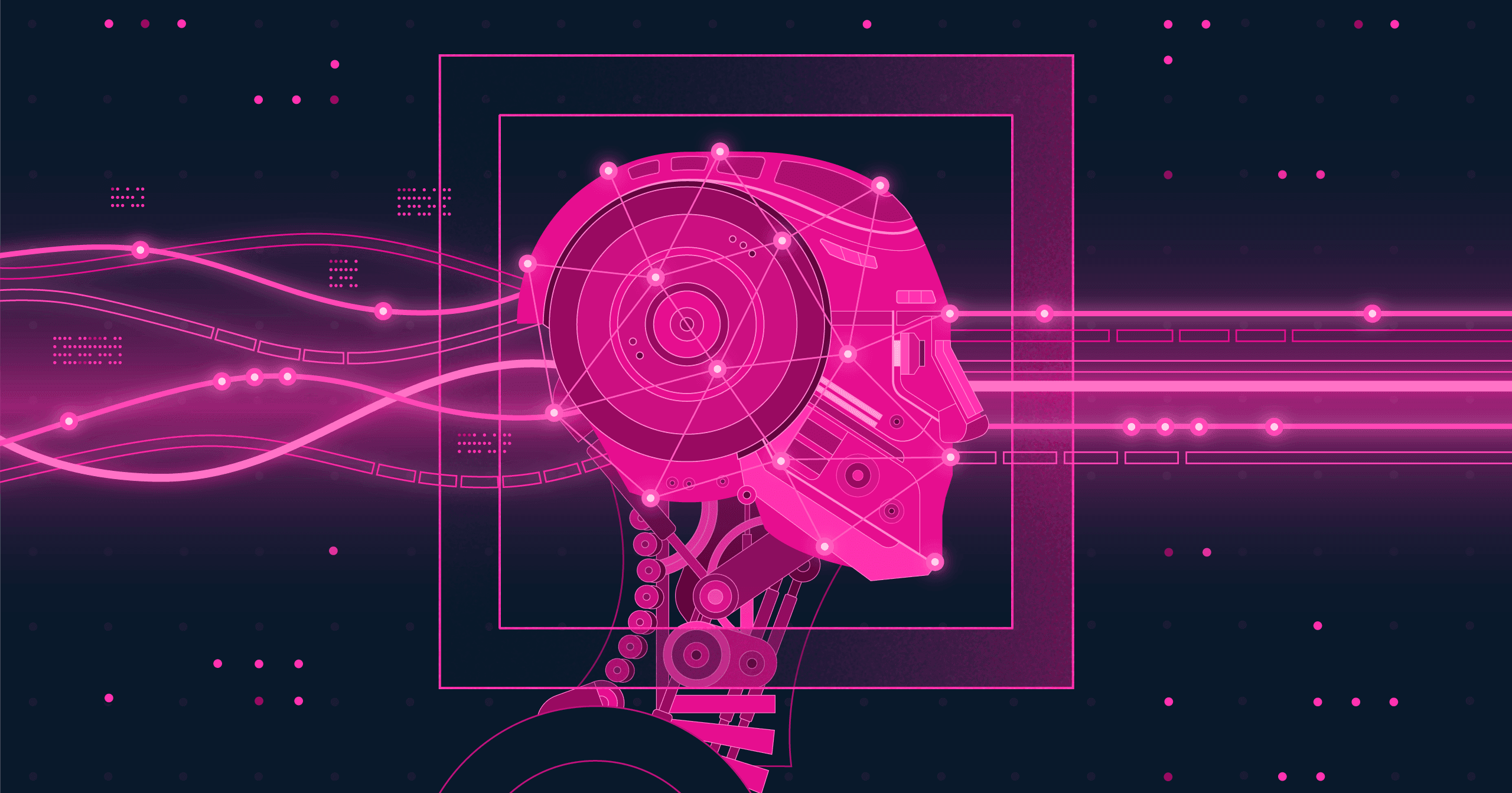 Abstract illustration of data flowing unorganized into a Robot-head, and coming out on the other end organized and streamlined, indicating the data is being processed via a machine.