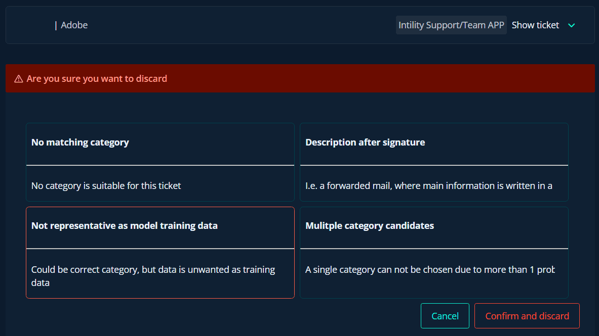 Screenshot of data being selected as not representative as model training data