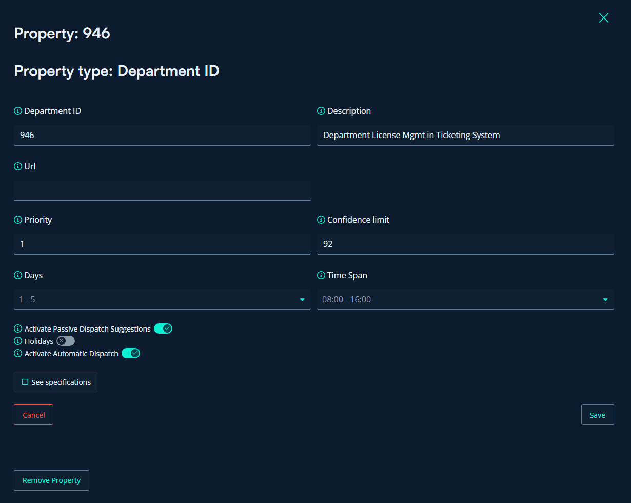 Screenshot of a form editing properties like department, confidence limit, time frame for automatic dispatches and more in ML Portal