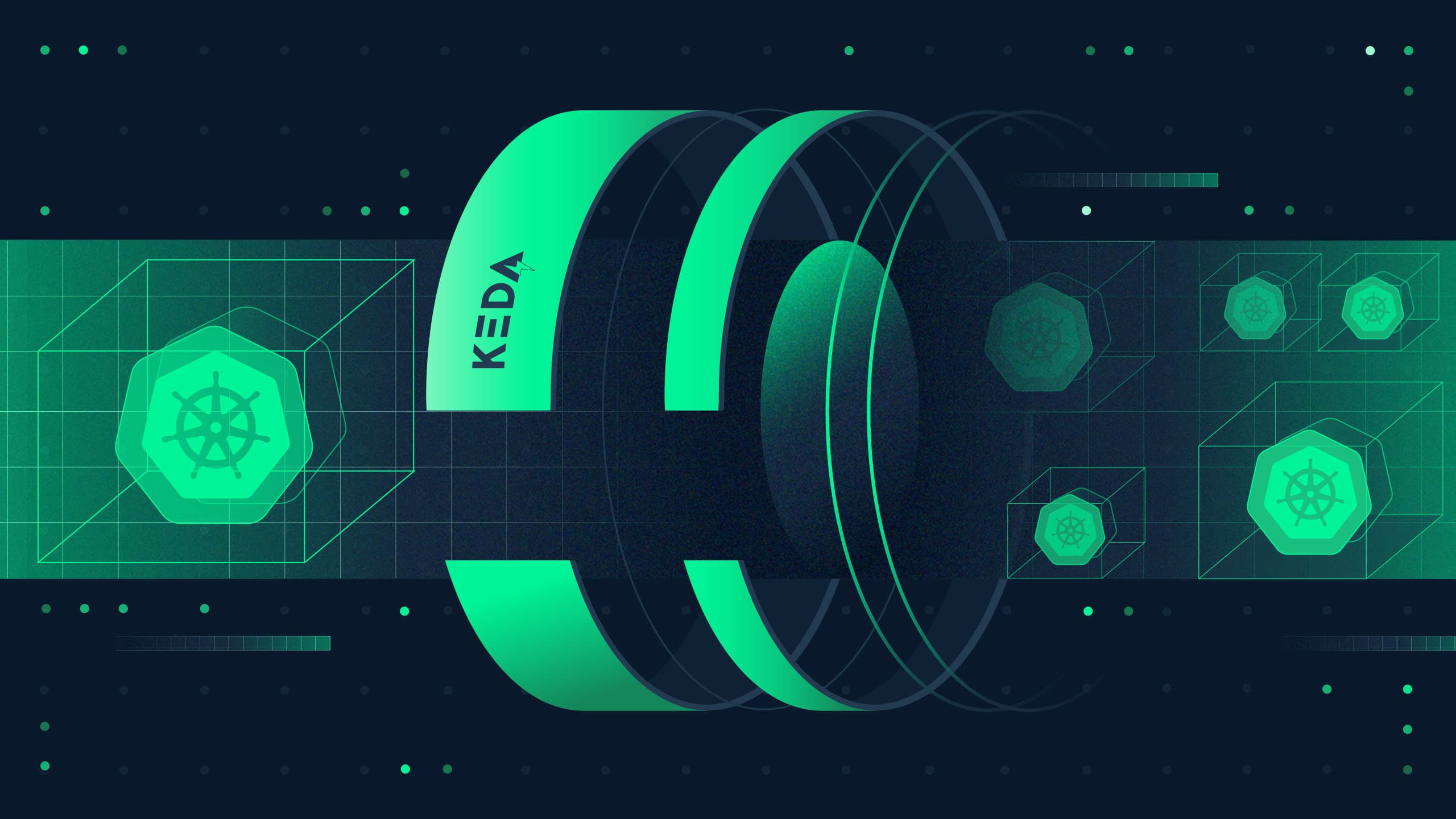 Abstract decorative technical illustration of Kubernetes clusters operated on by KEDA